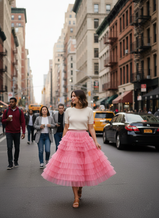 Jupe Rosalia rose coupe flatteuse sophistiquée, vue d'ensemble - jupe vaporeuse facile d'entretien lavage machine séchage air