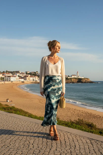 Jupe tie-dye femme bleu vert bord de mer élégance naturelle BONITALUZ