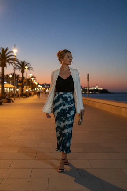 Jupe tie-dye femme promenade palmiers coucher de soleil BONITALUZ