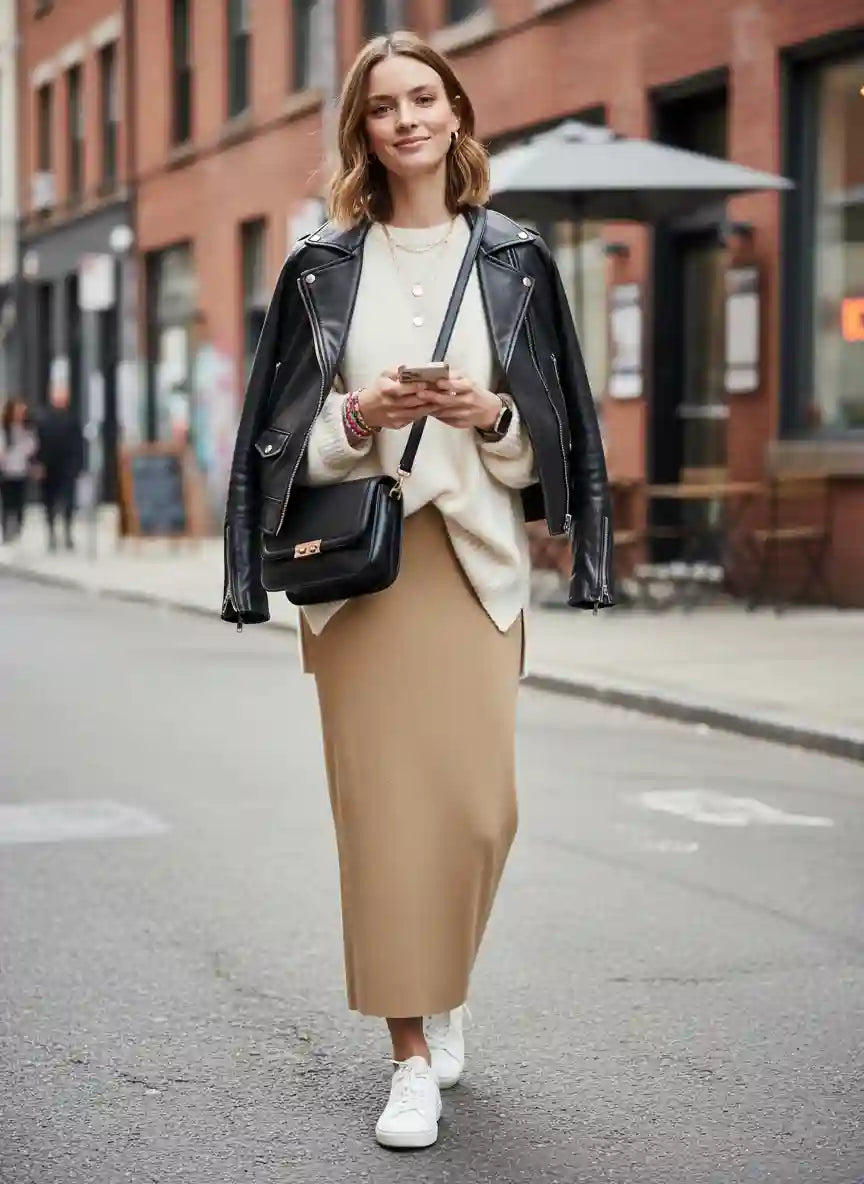 Jupe longue femme camel veste cuir noire chemise blanche sac bandoulière noir baskets blanches rue animée bokeh look street style edgy chic BONITALUZ