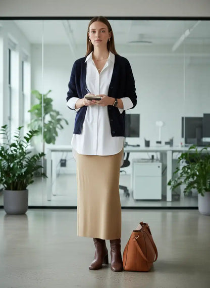Jupe longue femme camel blazer marine chemise blanche bottes cognac sac cuir roux open space bureau moderne plantes vertes look working girl chic BONITALUZ