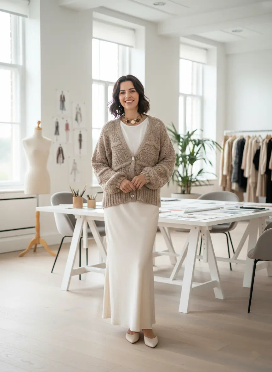 Cardigan beige femme élégant ambiance bureau contemporain BONITALUZ