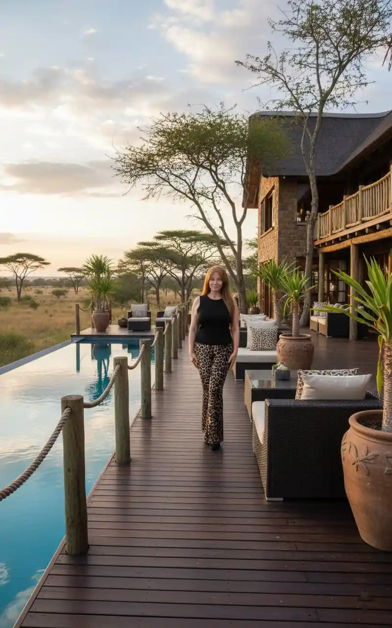 Pantalon femme léopard flare top noir savane africaine lodge luxe piscine à débordement acacias coucher de soleil look safari chic BONITALUZ