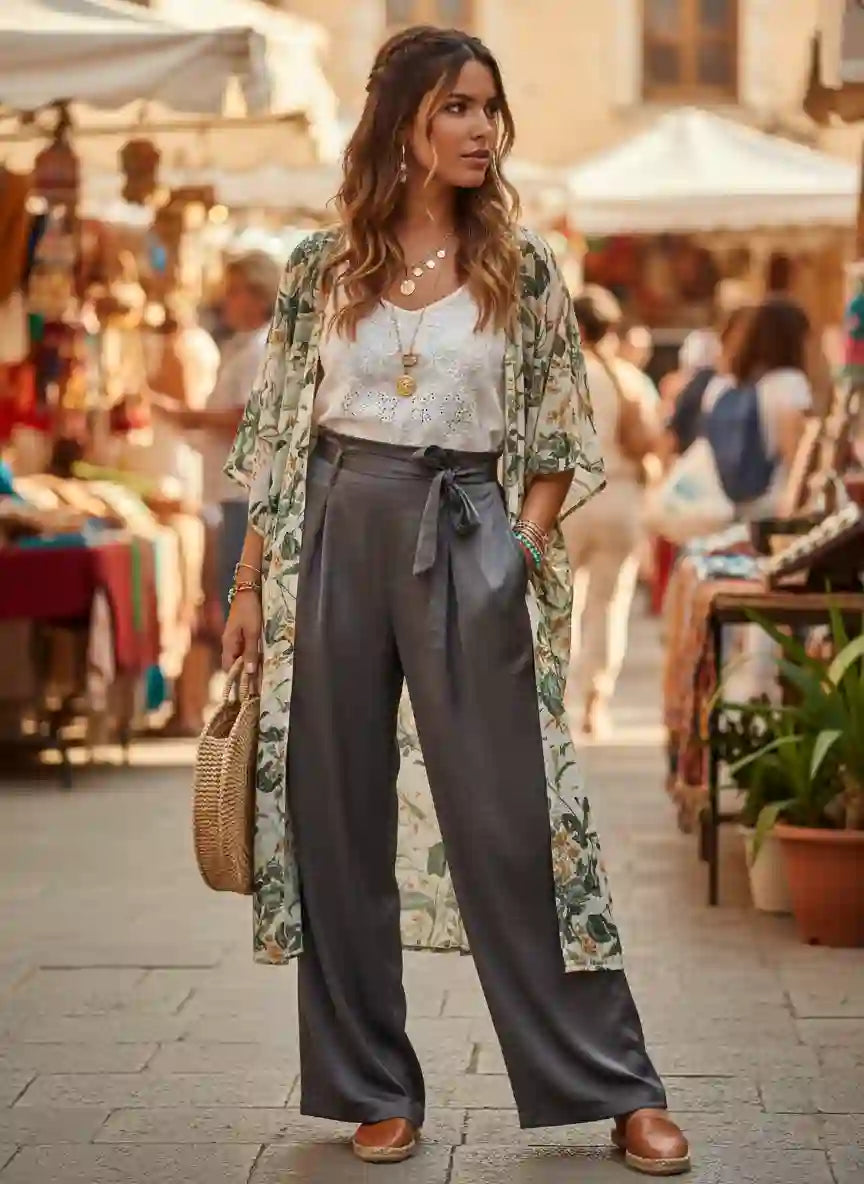 Pantalon femme large gris fluide kimono fleuri sac tressé marché provençal coloré parasols fleurs étals look boho chic méditerranéen BONITALUZ
