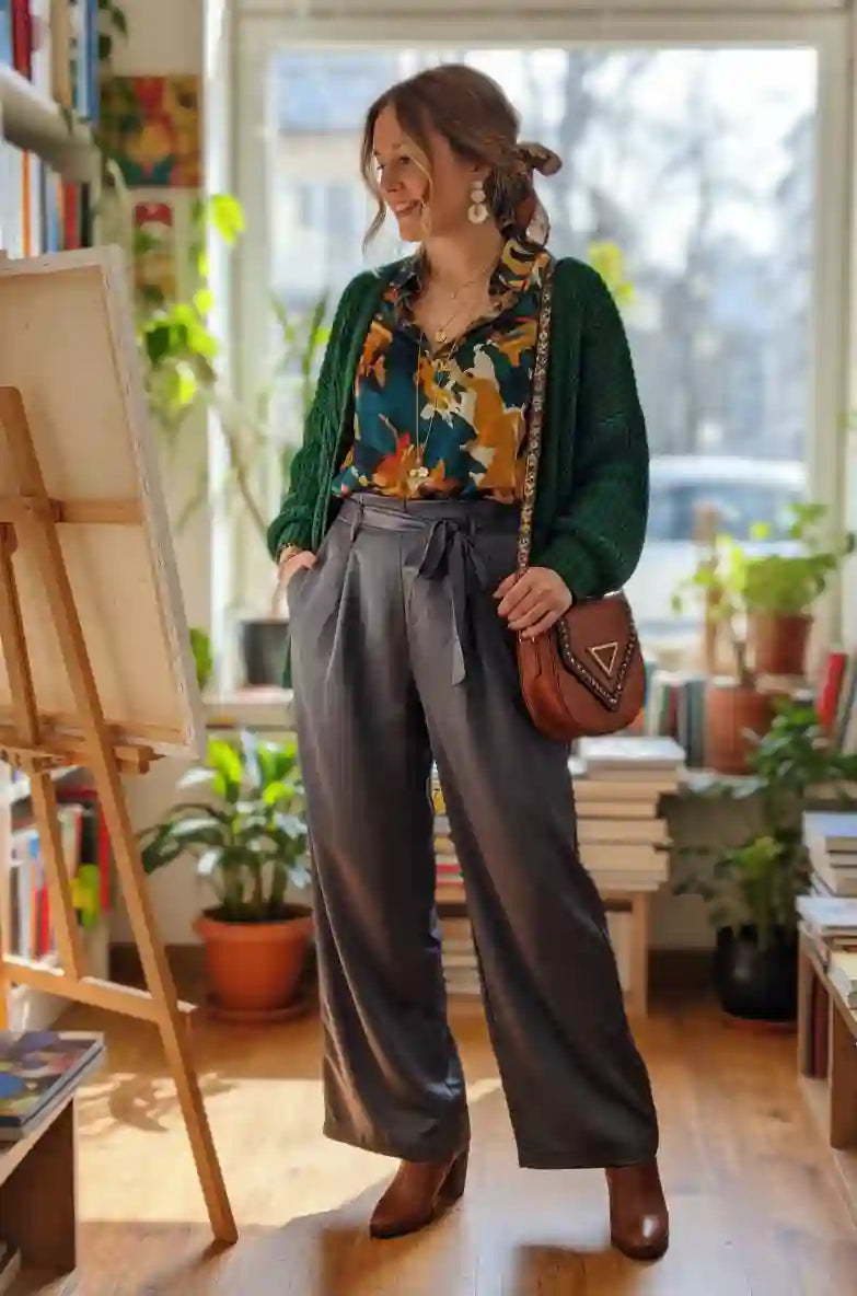 Pantalon femme large gris fluide blouse fleurie verte sac marron atelier artiste peintre toile chevalet plantes lumière naturelle look bohème chic BONITALUZ