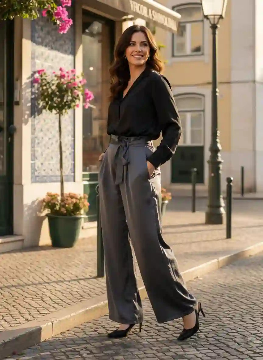 Pantalon femme large gris taille haute chemise noire talons rue pavée européenne fleurs suspendues réverbère look city chic élégant urbain BONITALUZ