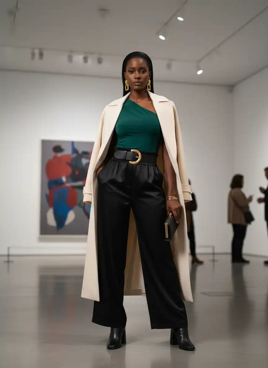Pantalon femme large noir top vert émeraude manteau beige long galerie art musée blanc œuvres colorées look art gallery chic minimaliste BONITALUZ
