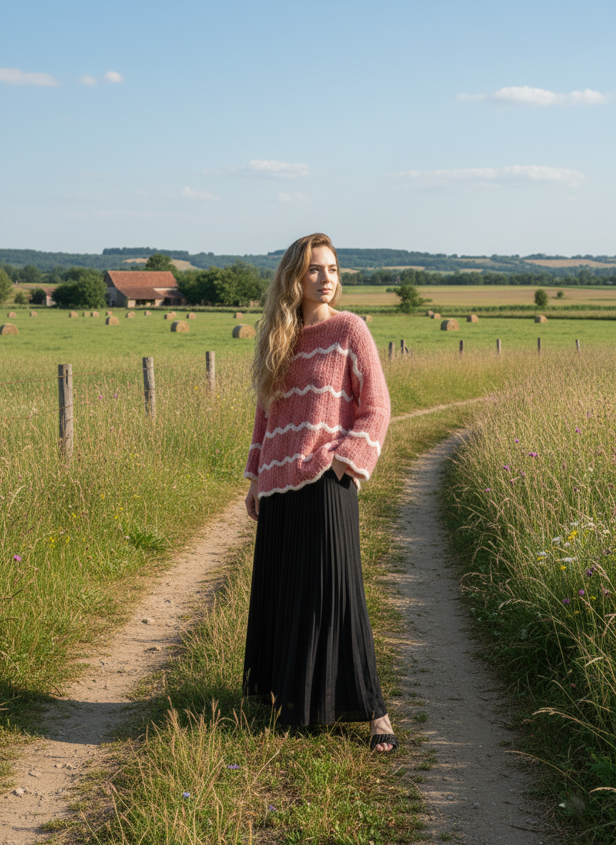 "Pull Amélie BONITALUZ - pull corail porté, style rayures moderne femme"