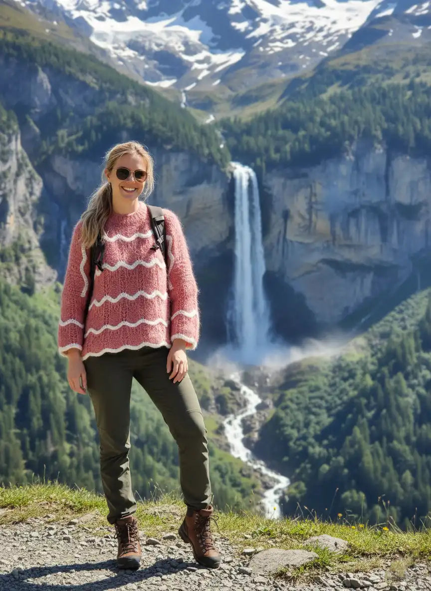 Pull femme rose poudré sac à dos randonnée cascade montagne eau cristalline rochers falaise verdure look aventure nature BONITALUZ