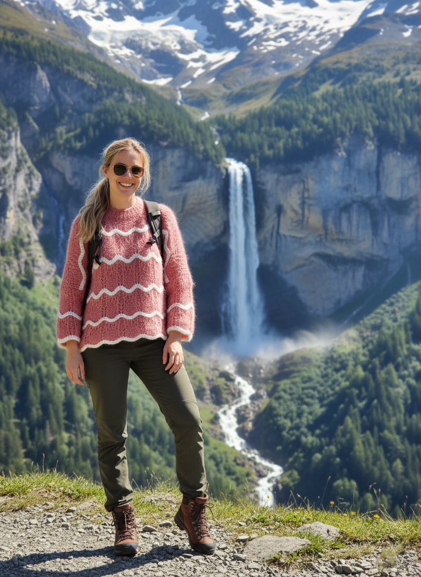 "Pull Amélie rayures fantaisie - détail texture douce, look corail élégant femme"