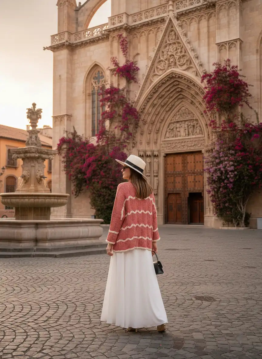  Pull femme rose poudré rayures jupe longue blanche cathédrale gothique façade sculptée rosaces fleurs grimpantes place pavée fontaine look city trip Europe chic BONITALUZ