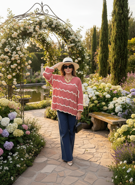 "Pull Amélie BONITALUZ - pull rayures fantaisie corail, tendance colorée femme"