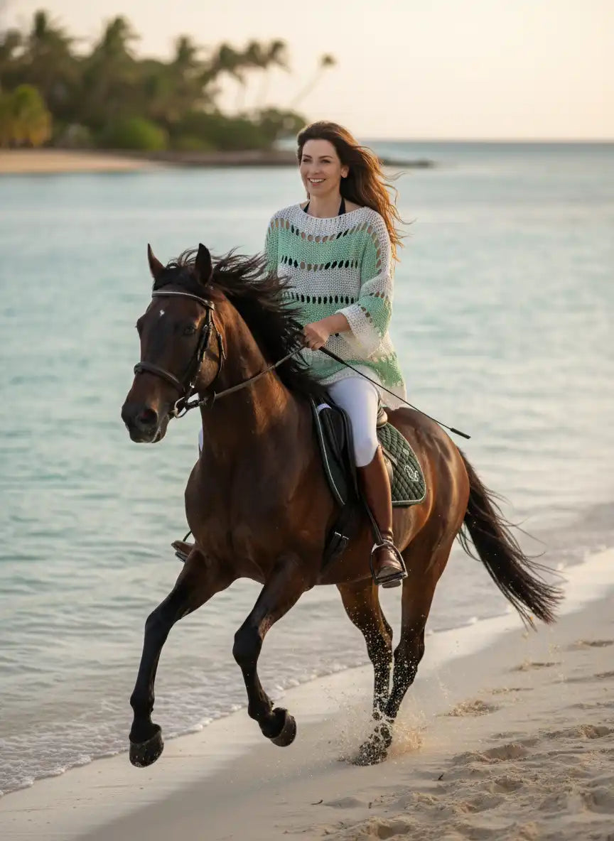 Pull femme aqua turquoise à cheval galop plage tropicale mer coucher de soleil look liberté aventure été BONITALUZ