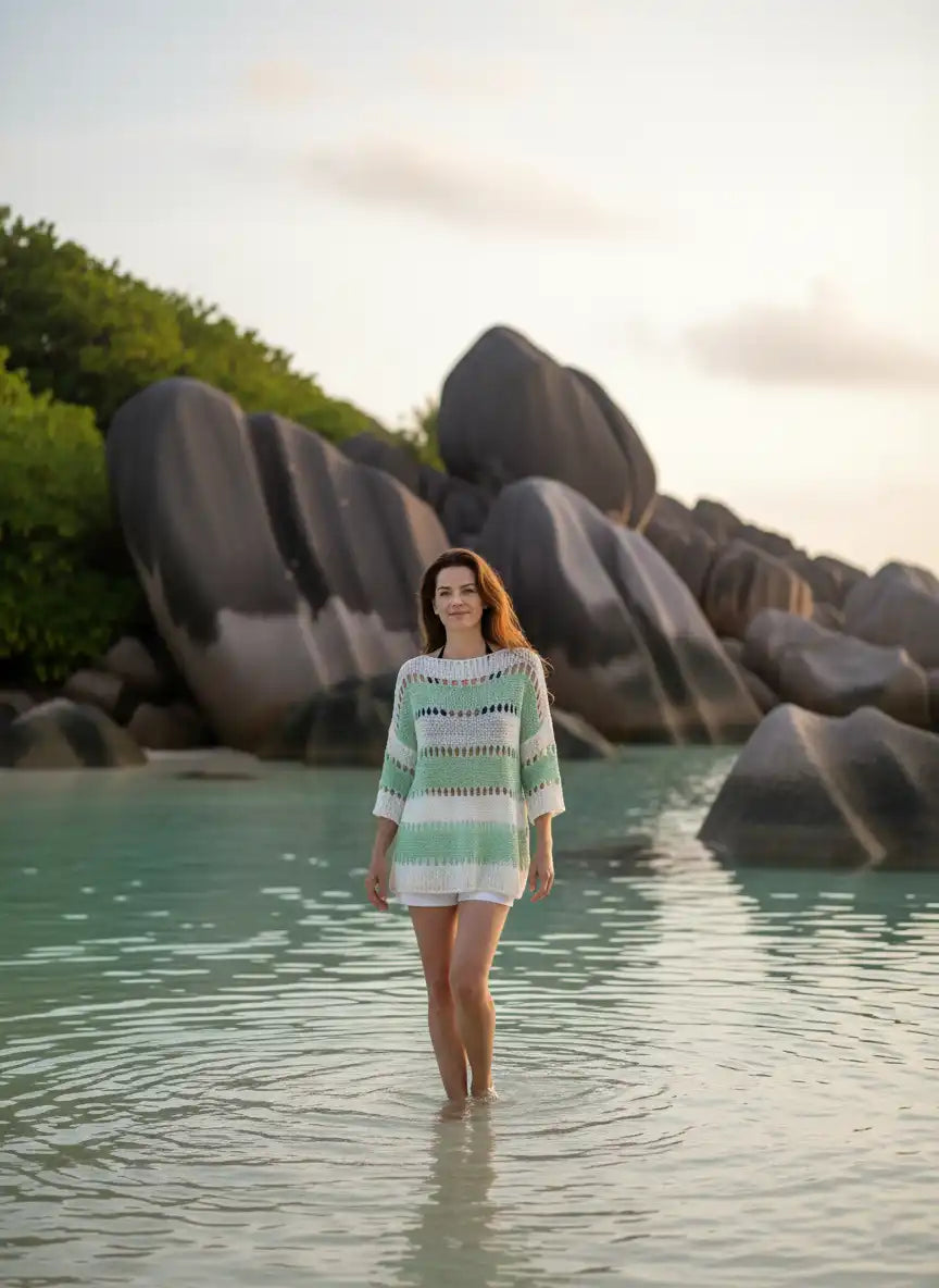 Pull femme aqua turquoise debout dans l'eau rochers granitiques Seychelles lagon turquoise calme cheveux au vent look paradis tropical été BONITALUZ