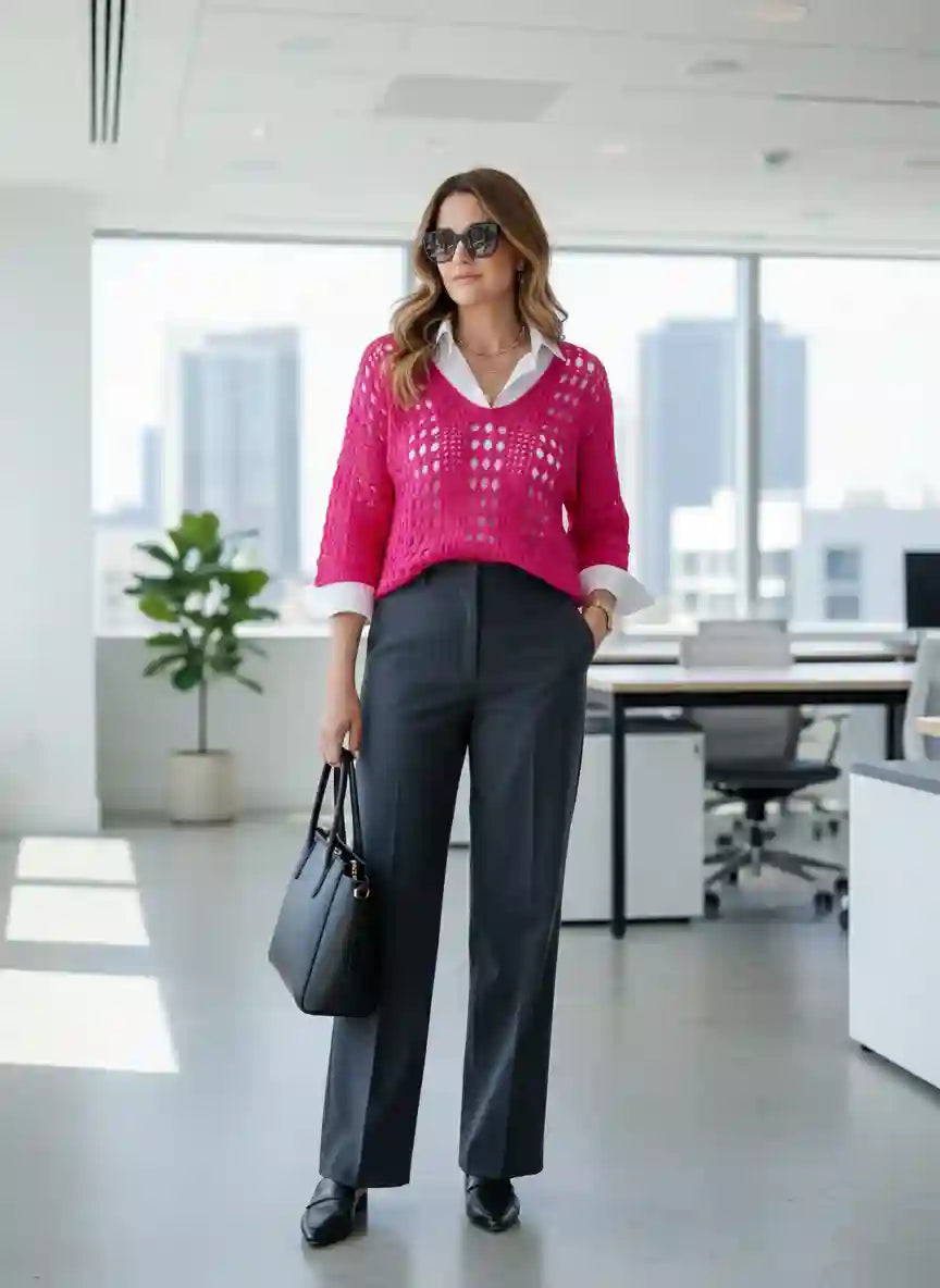 Pull femme rose fuchsia crochet ajouré pantalon gris anthracite large sac noir open space bureau moderne baie vitrée vue ville gratte-ciels look working girl chic BONITALUZ