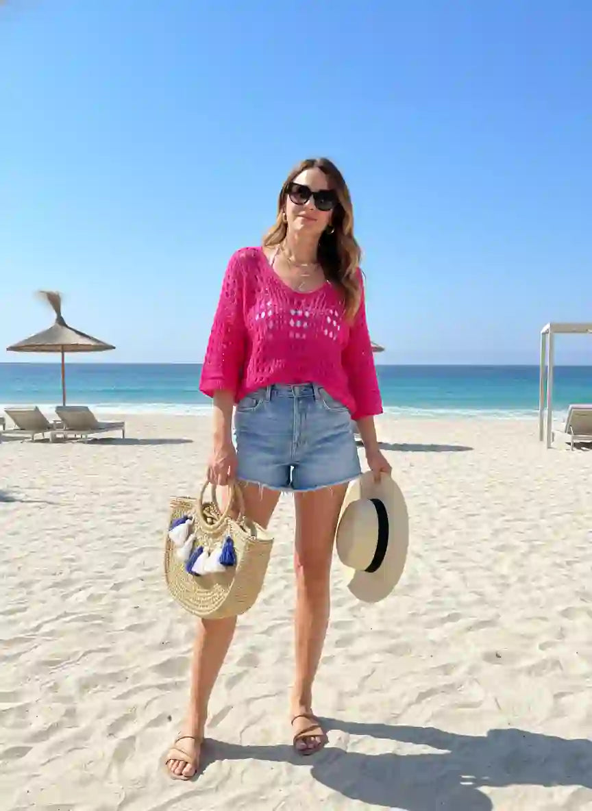 Pull femme rose fuchsia crochet ajouré short jean blanc chapeau paille sac paille plage paradisiaque sable blanc mer turquoise ciel bleu look beach chic vacances BONITALUZ