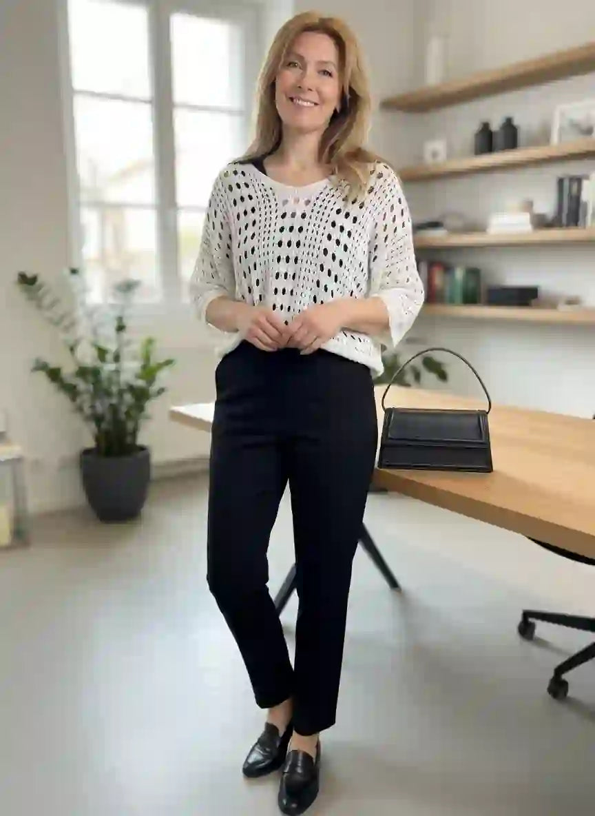 Pull femme blanc crochet ajouré jean noir slim mocassins noirs sac cuir noir bureau home office scandinave bibliothèque bois plante verte lumière naturelle look télétravail chic BONITALUZ
