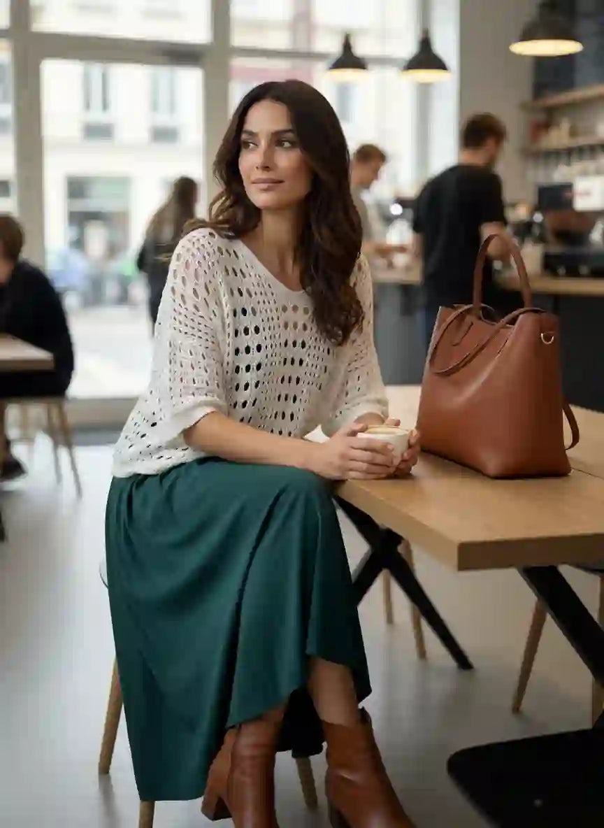 Pull femme blanc crochet ajouré jupe midi plissée vert émeraude sac cuir cognac bottes marron café parisien terrasse intérieure lumière naturelle look déjeuner chic parisien BONITALUZ