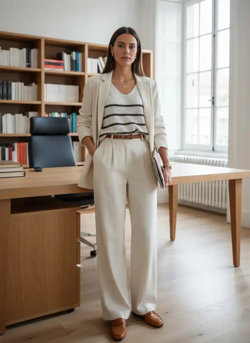 Pull femme blanc oversize col en V rayures noires pantalon fluide crème bibliothèque design boiseries chêne grandes fenêtres lumière naturelle look intellectual chic cosy BONITALUZ
