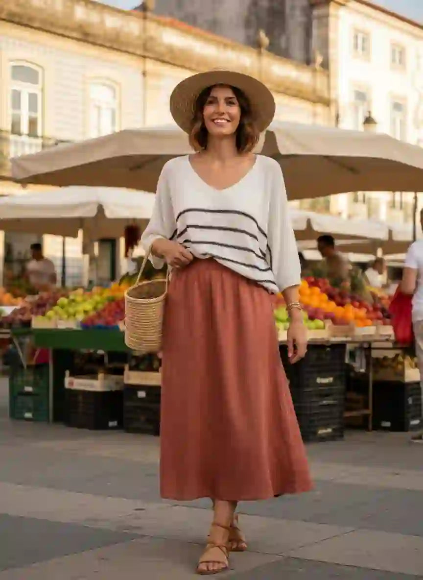 Pull femme oversize terracotta jupe longue rouille chapeau paille sac panier osier marché provençal coloré étals fruits légumes parasols look bohème chic BONITALUZ