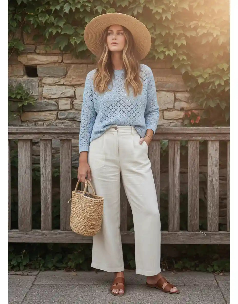 Pull femme bleu ciel crochet chapeau raphia sac panier osier pantalon large blanc sandales mur pierre ancien vigne vierge lumière dorée golden hour look bohème chic BONITALUZ