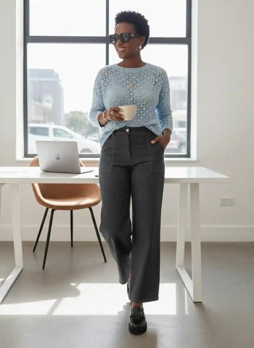 Pull femme bleu ciel crochet lunettes soleil café main pantalon gris bureau moderne grandes fenêtres lumière naturelle ordinateur portable look working girl chic BONITALUZ