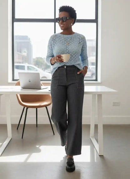 Pull femme bleu ciel crochet lunettes soleil café main pantalon gris bureau moderne grandes fenêtres lumière naturelle ordinateur portable look working girl chic BONITALUZ
