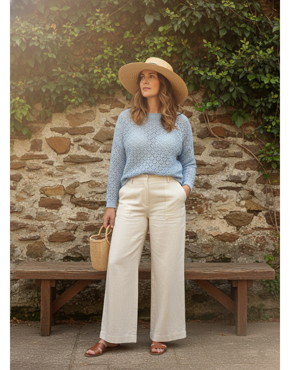 "Pull Landry BONITALUZ - pull coton bleu porté, look élégant décontracté femme"