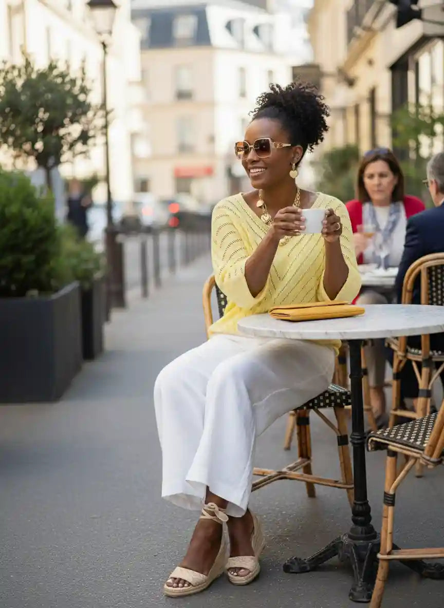 Pull femme jaune moutarde lunettes soleil pantalon large blanc terrasse café parisien parasols chaises bistrot rotin sourire look city chic Paris BONITALUZ