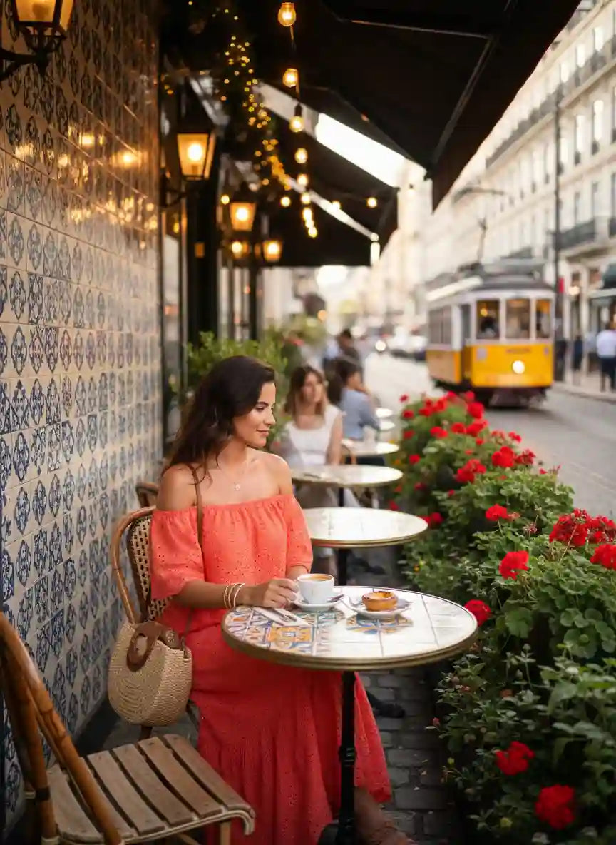 Robe longue femme corail terrasse bistrot Portugais soir guirlandes lumières tramway ambiance romantique BONITALUZ