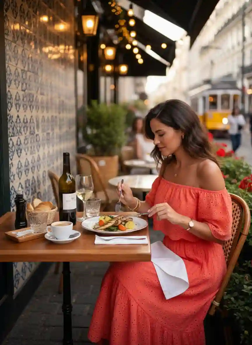 Robe longue femme corail terrasse bistrot Portugais soir guirlandes lumières tramway ambiance romantique BONITALUZ