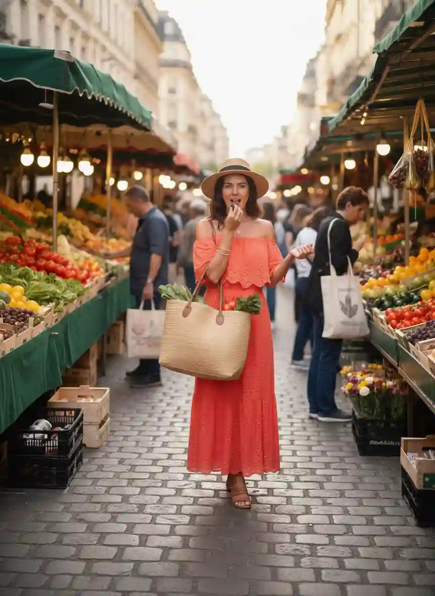 Robe femme corail épaules dénudées marché parisien couvert chapeau paille look lifestyle chic BONITALUZ