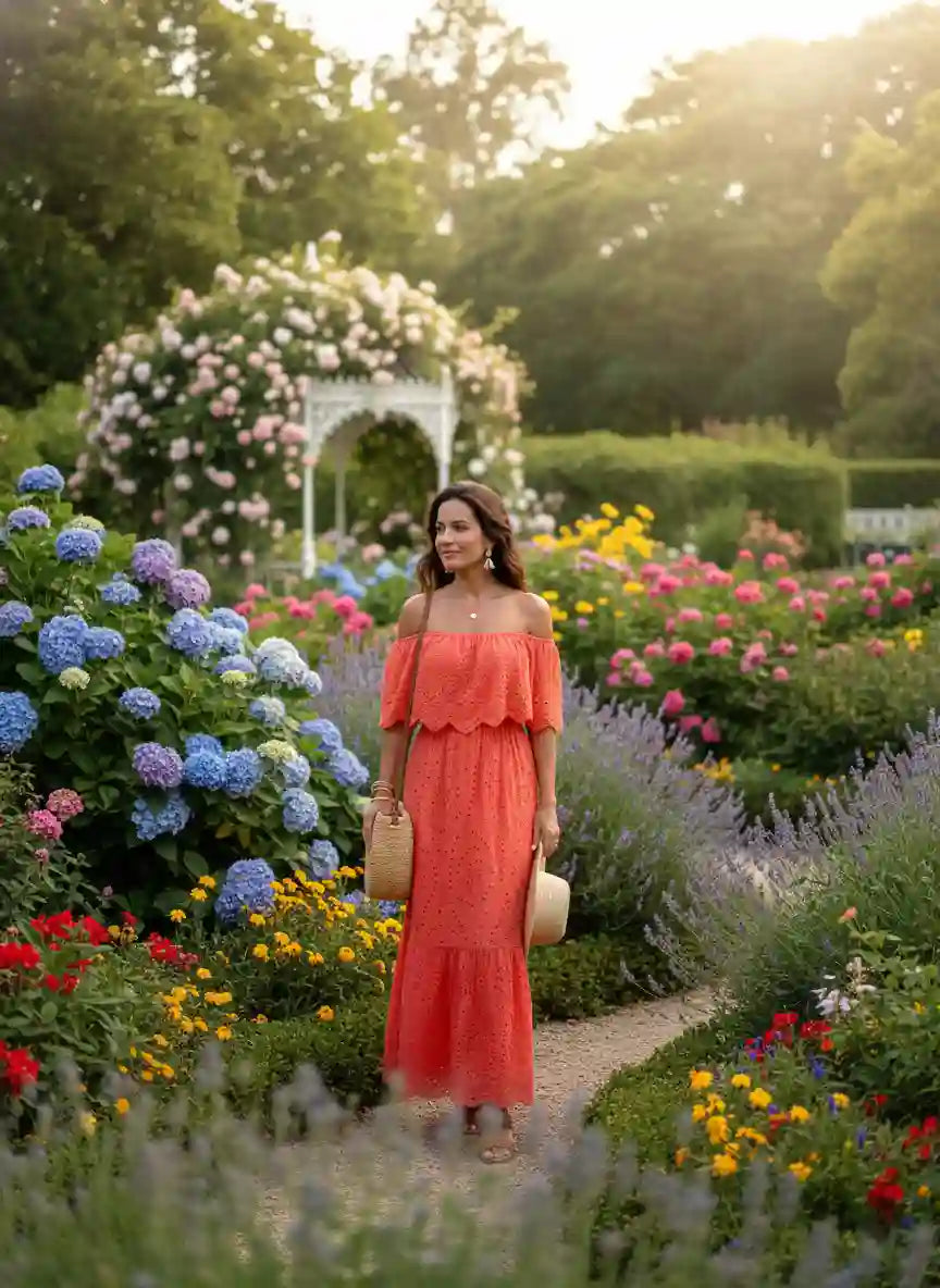 Robe longue femme rouge corail jardin romantique fleuri hortensias pergola lumière dorée coucher de soleil BONITALUZ