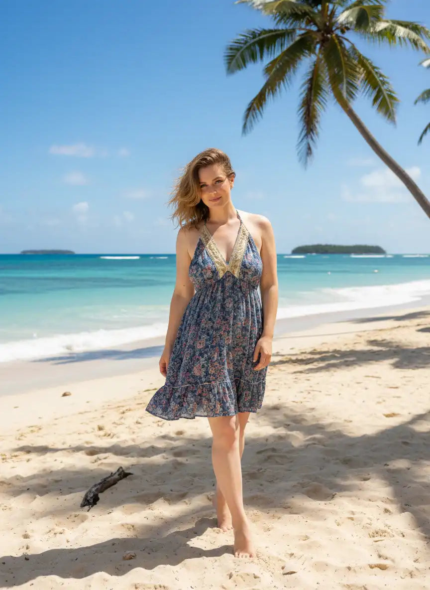 Robe courte bohème femme bleue imprimé floral plage tropicale mer turquoise sable blanc palmier look plage chic été BONITALUZ