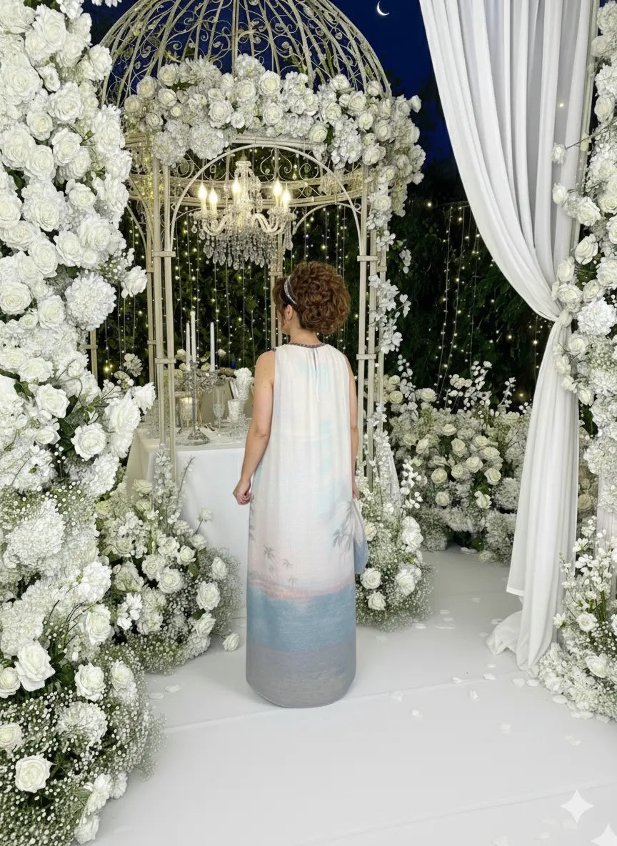  Robe Dream femme blanche de dos décor chandelier luxe BONITALUZ