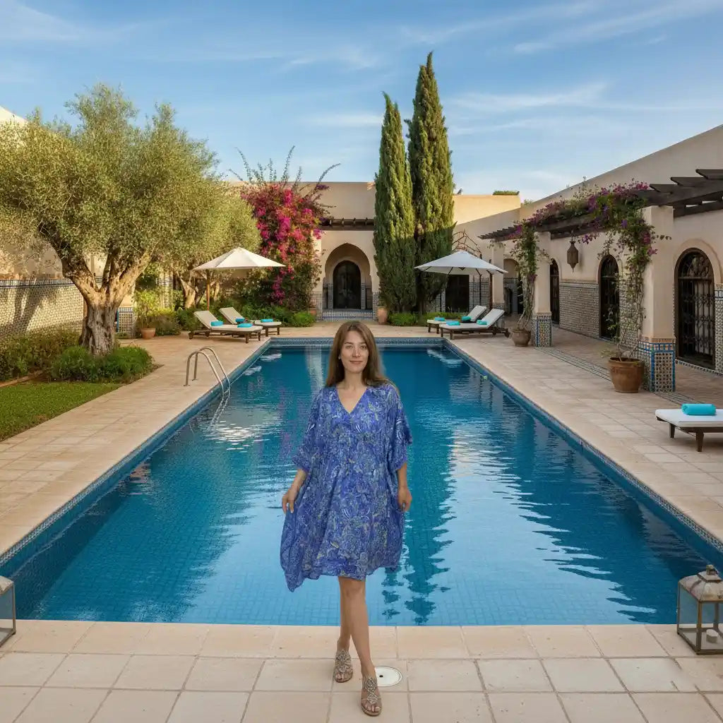 Robe femme bleue imprimée bord de piscine villa méditerranéenne cyprès palmiers look vacances chic BONITALUZ