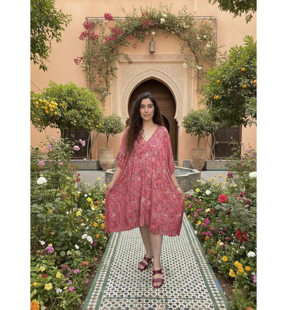 Robe mi-longue femme rose imprimé floral riad marocain arche mooresque jardin fleuri roses bougainvilliers zellige look voyage chic Marrakech BONITALUZ