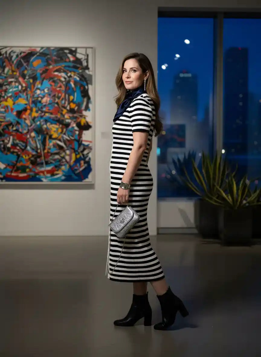 Robe longue femme rayée noir blanc bottes noires galerie art contemporain tableau abstrait coloré pose élégante look art gallery chic BONITALUZ