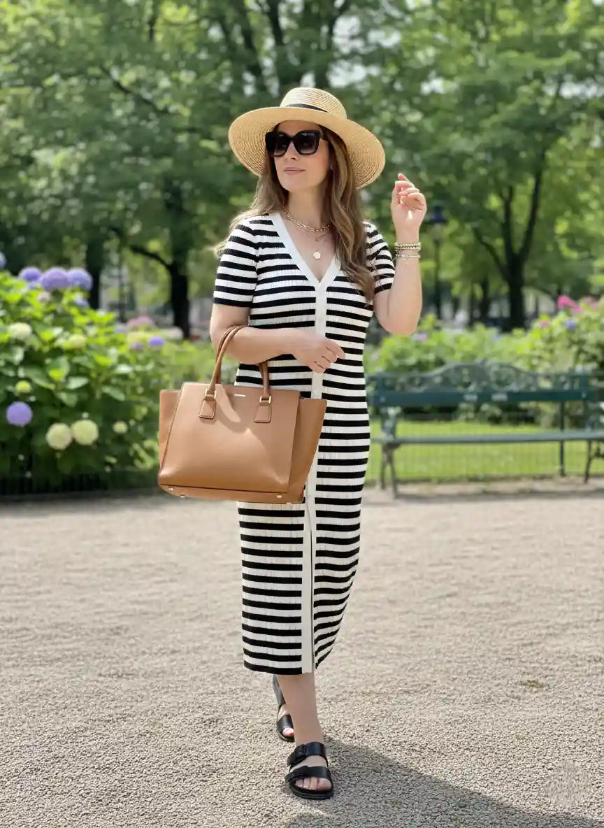 Robe longue femme rayée noir blanc chapeau raphia sac cabas camel parc verdoyant hydrangéas bleus allée look garden party chic été BONITALUZ