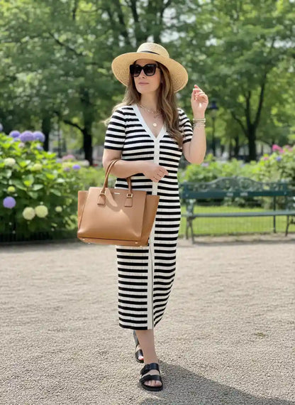 Robe longue femme rayée noir blanc chapeau raphia sac cabas camel parc verdoyant hydrangéas bleus allée look garden party chic été BONITALUZ