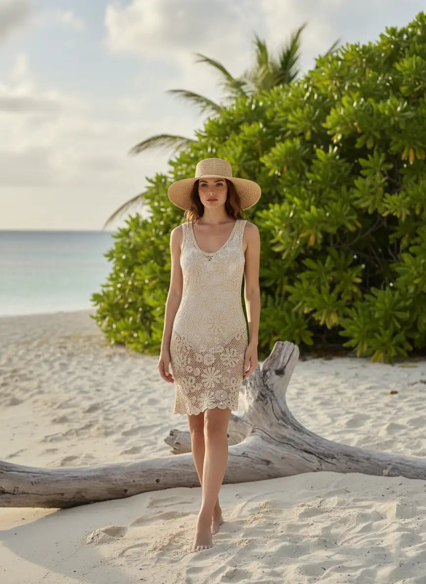 Robe femme crème imprimé fleurs marguerites chapeau paille plage tropicale sable blanc palmiers mer turquoise look vacances bohème BONITALUZ