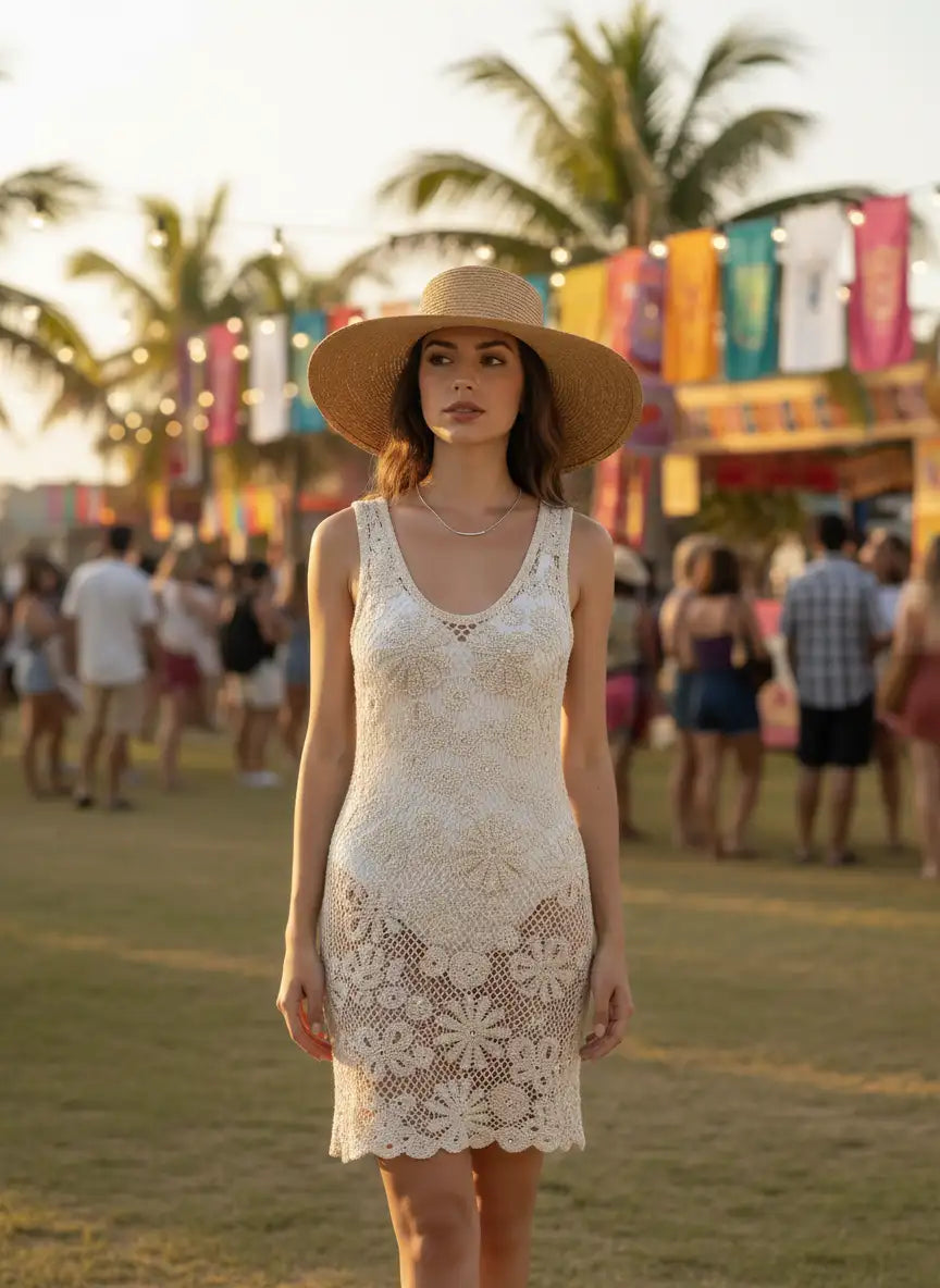 Robe femme blanche imprimé fleurs marguerites chapeau paille festival coloré palmiers fanions ambiance festive look bohème chic BONITALUZ