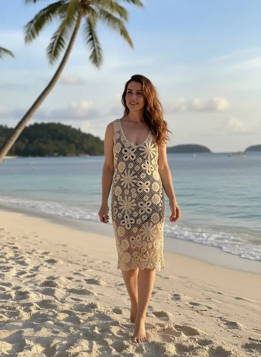 Robe femme crème imprimé fleurs marguerites plage tropicale île lagon turquoise palmier sable blanc look paradis romantique BONITALUZ