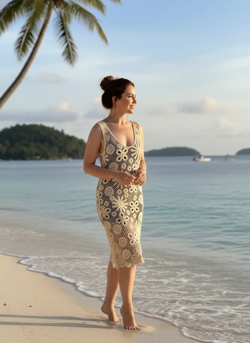 Robe femme crème imprimé fleurs marguerites de dos plage tropicale île lagon turquoise palmier chignon élégant look paradis BONITALUZ