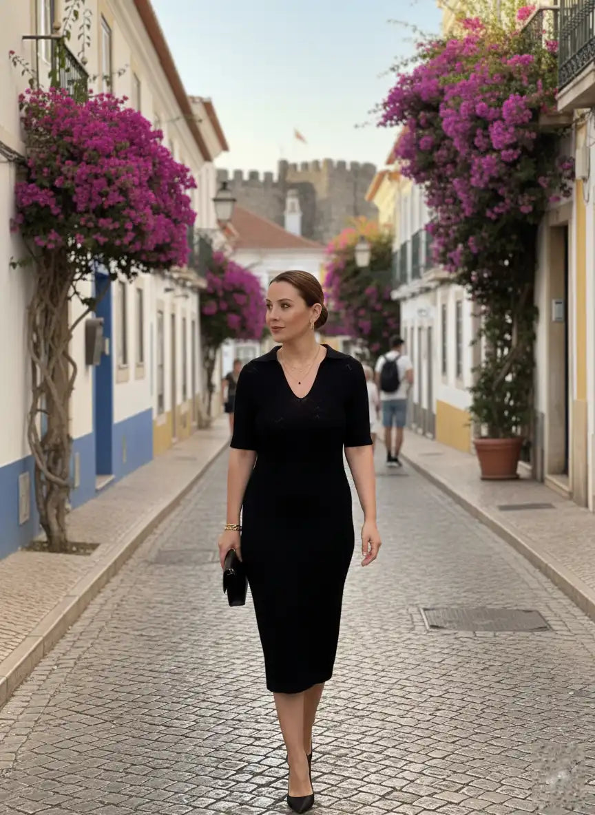 Robe mi-longue femme noire élégante ruelle Portugal bougainvilliers violets murs azulejos bleus pavés look city trip Portugal chic BONITALUZ