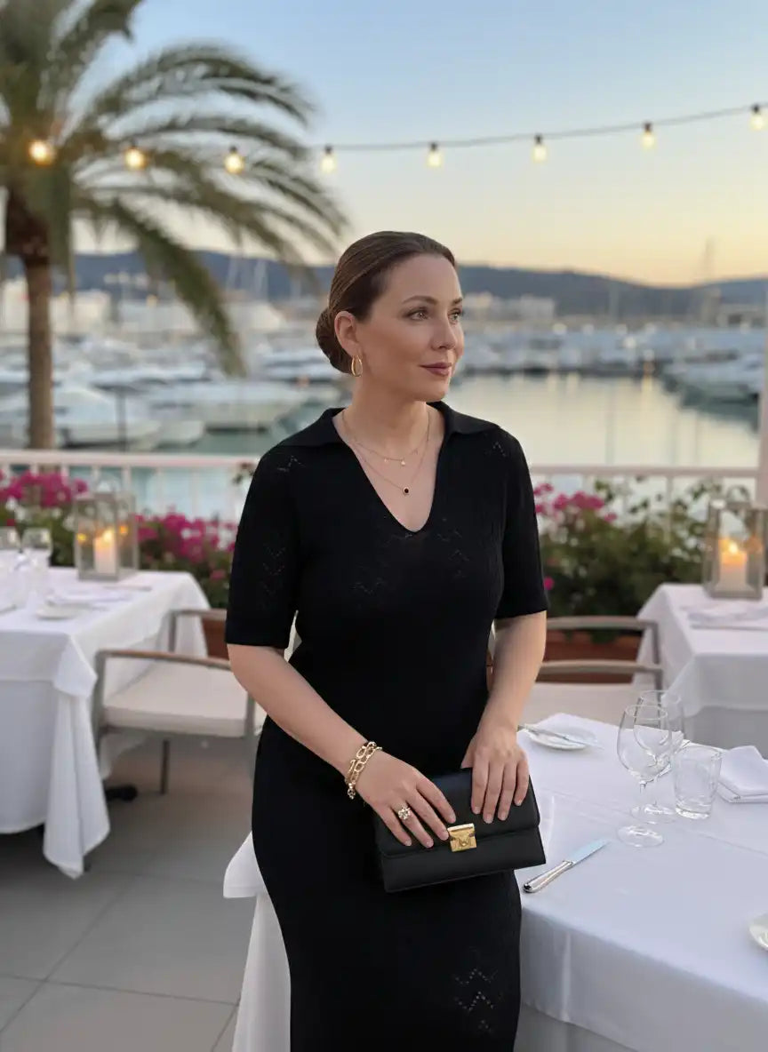 Robe mi-longue femme noire élégante terrasse restaurant bord de mer port yachts palmiers coucher de soleil look dîner chic BONITALUZ