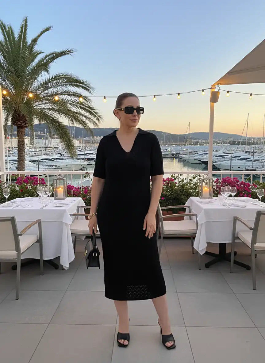 Robe mi-longue femme noire lunettes soleil sac main noir terrasse restaurant bord de mer port yachts palmiers ciel rose doré look dîner chic vue mer BONITALUZ