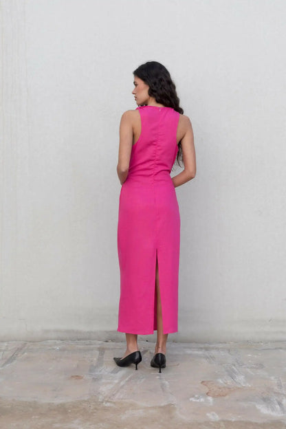 Robe Rosa femme rose fuchsia de dos fente élégante talons noirs BONITALUZ