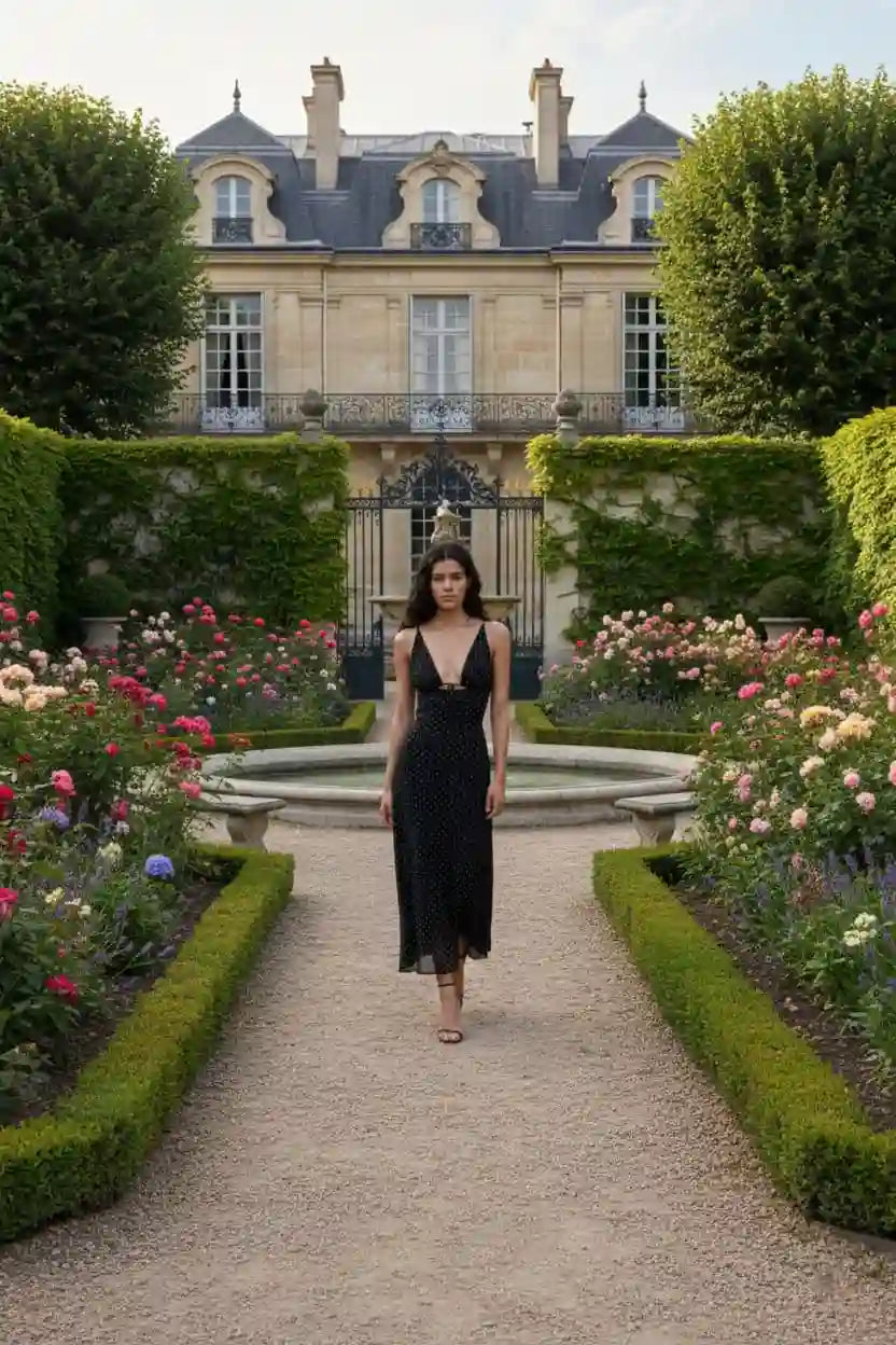 Robe Sibella femme pois blancs jardin à la française allée fleurie château look champêtre chic BONITALUZ