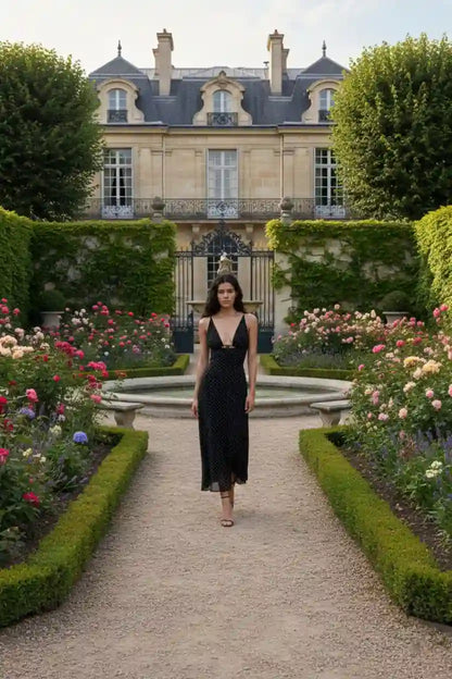 Robe Sibella femme pois blancs jardin à la française allée fleurie château look champêtre chic BONITALUZ